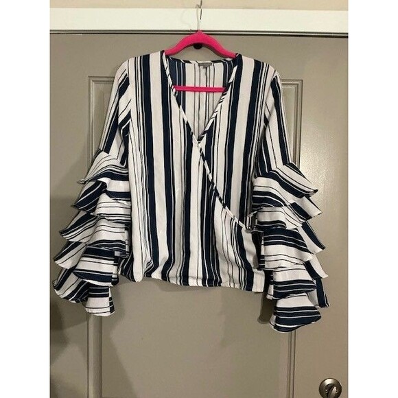 Charlotte Russe Blue and White Stripe Ruffle Long Sleeve Bouuse Sz M V Neck NWT - Picture 2 of 6